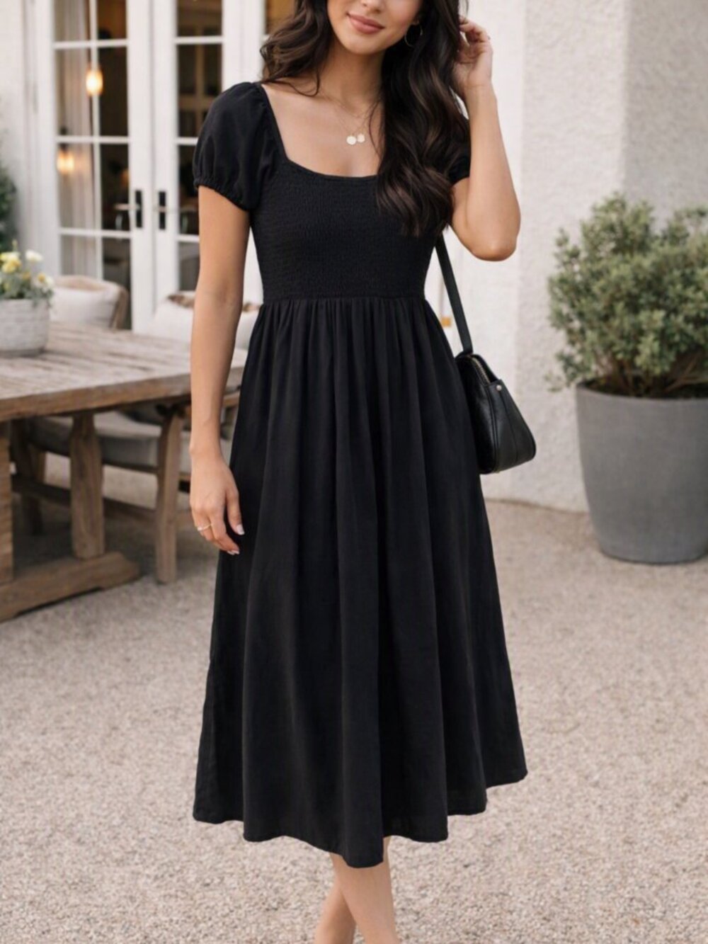 Billabong Black Smocked Puff-Sleeve Midi Dress with Scoop Neck